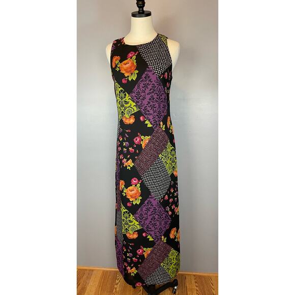 Vintage 1990s Printed Patchwork Polyester Chiffon Maxi Whimsy Goth Med - Picture 3 of 7